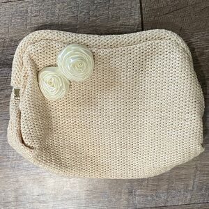 Cream Woven Straw Clutch Handbagwith Floral Rose Accents
